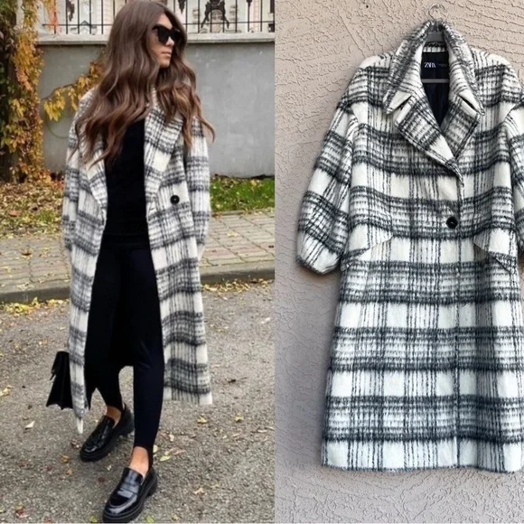 ZARA Black & White Plaid Brushed Wool Oversized Long Wool Coat - Picture 13 of 14